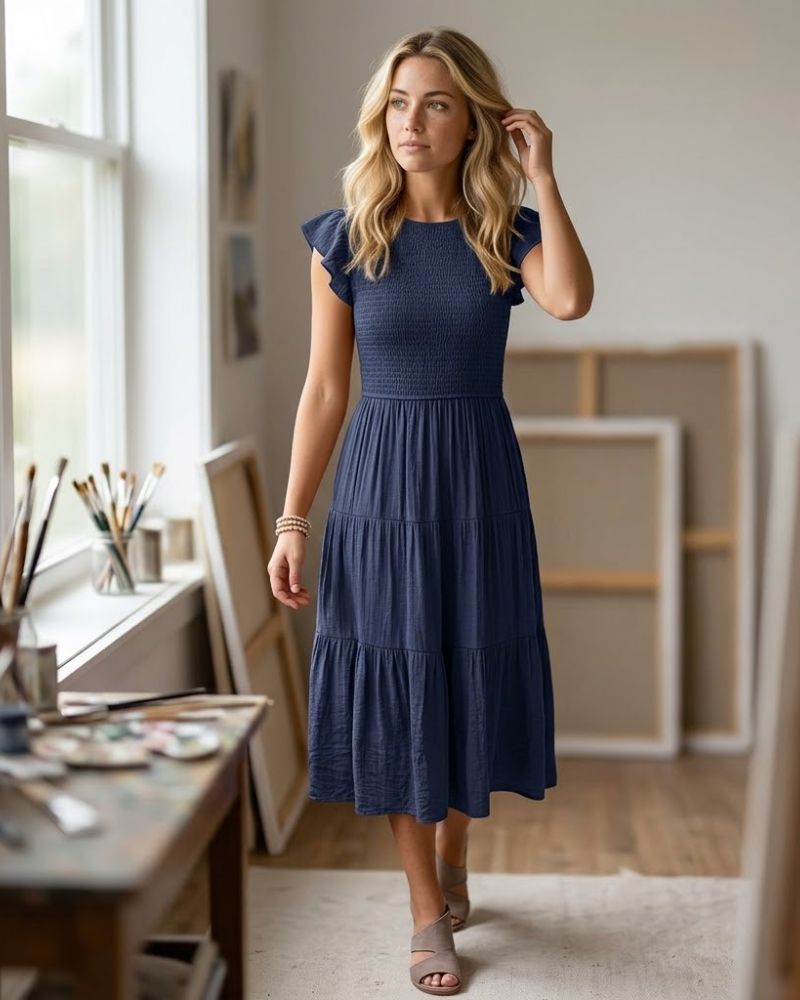 Midi šaty Louise pre ženy – letné šaty so smockovaním, volánovými rukávmi, elegantný áčkový strih