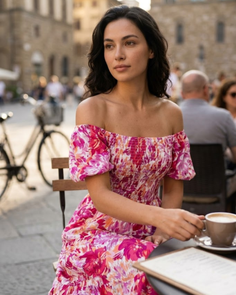 Vestido Midi Juanna Mulher Verão – Vestido com Decote Quadrado, Franzido, com Mangas Bufantes e Folhos