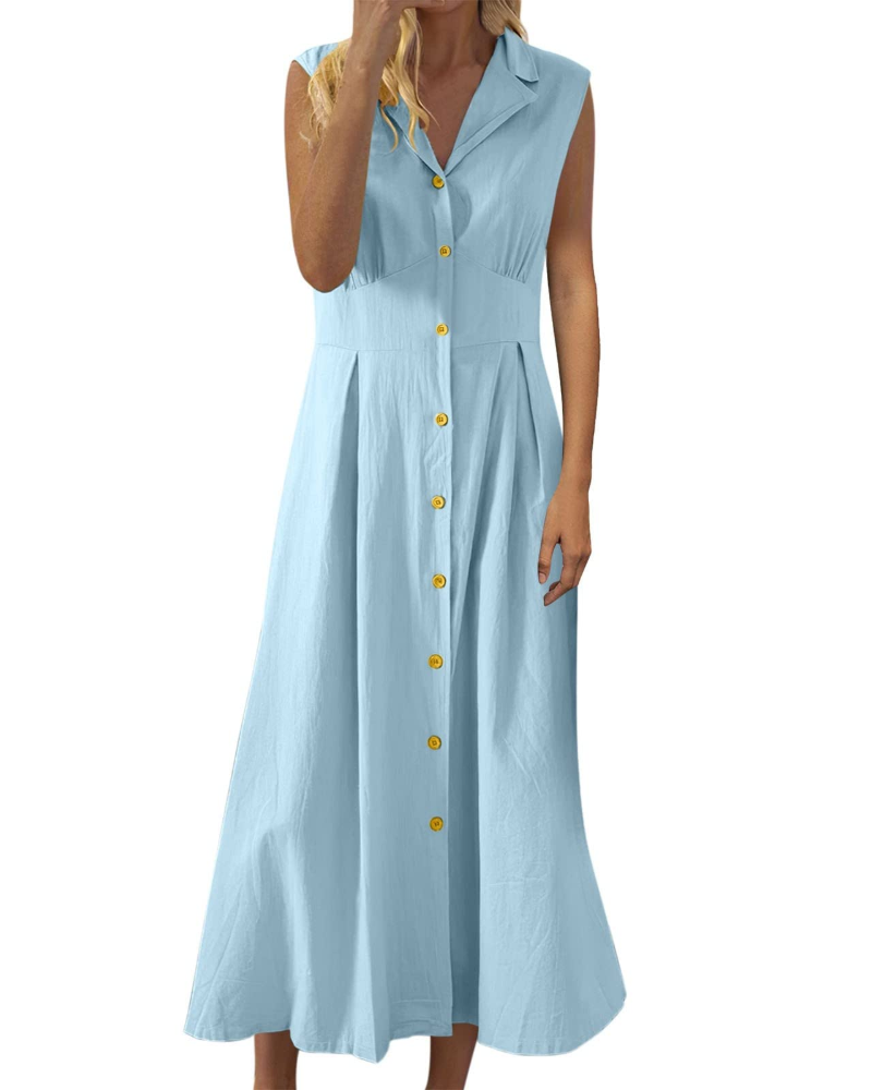 Robe de Verão Feminina Avery – Linho Algodão Sem Mangas com Botões Estilo Boémio