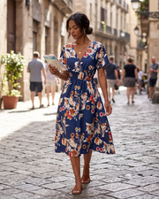 Kimber Floral Women’s Dress – Bohemian V-Neck High-Waisted Flowy Short-Sleeve Dress