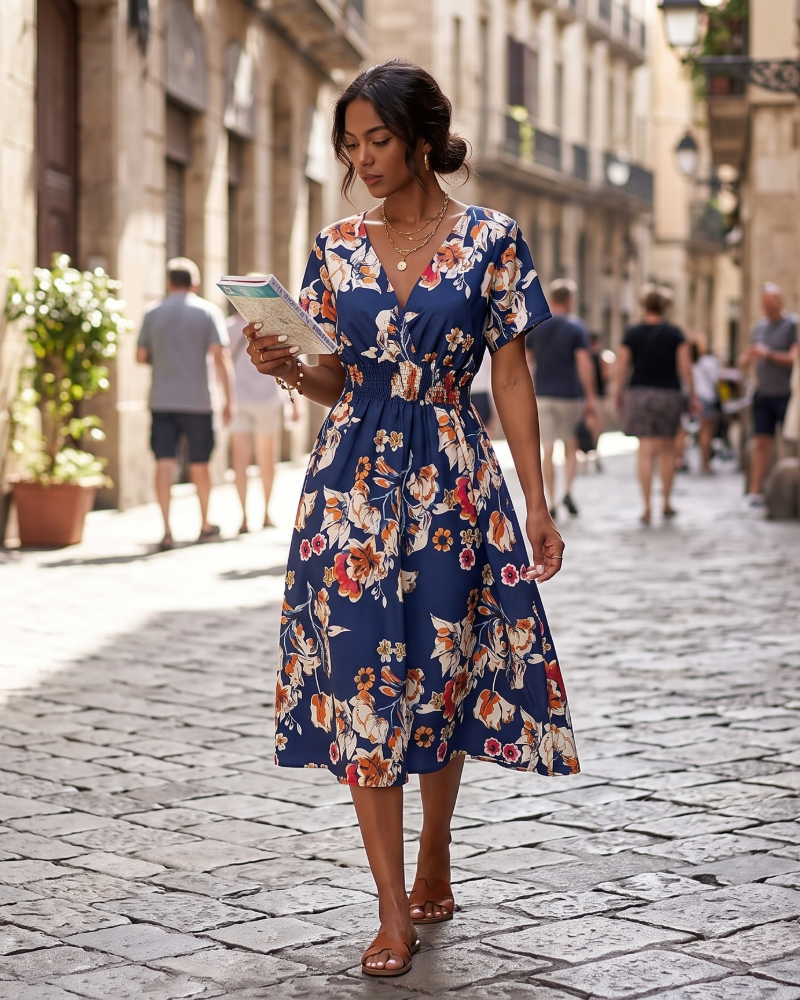 Kimber Floral Women’s Dress – Bohemian V-Neck High-Waisted Flowy Short-Sleeve Dress