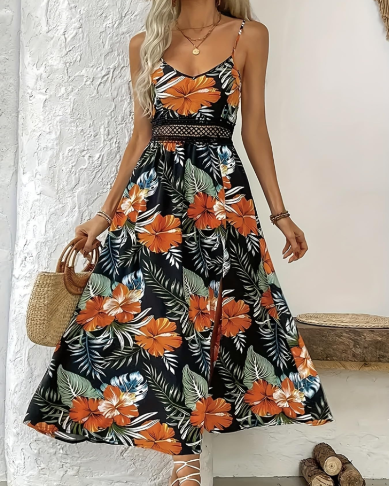 Aria Maxi Jurk Bloemenprint Dames – Lange Zomerjurk met Verstelbare Dunne Bandjes