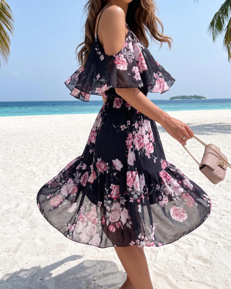 Vestido Mini Fleurie para Mujer Evelyn – Vestido de Verano con Hombros Descubiertos y Volantes