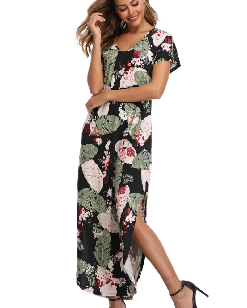 Blair Maxikleid für Damen Sommer – Florales Rundhals-Design mit Schlitz & Taschen