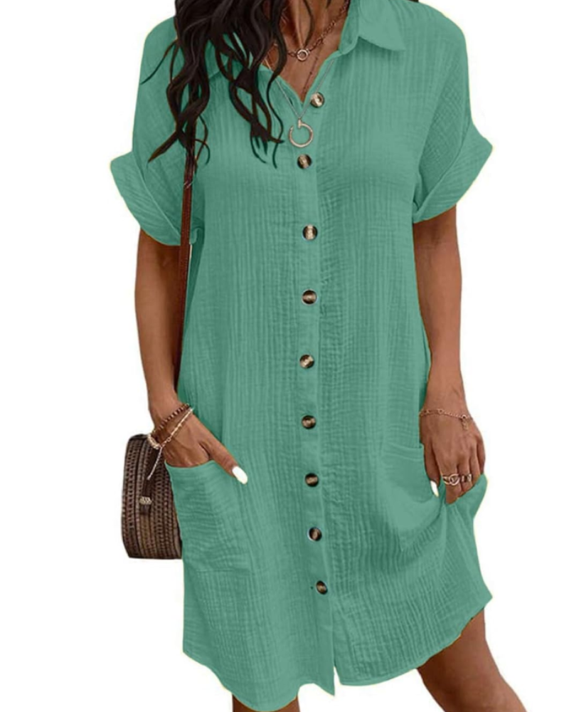 Mirelune Vestido Midi Feminino em Algodão e Linho – Vestido Camiseiro com Decote em V e Bolsos