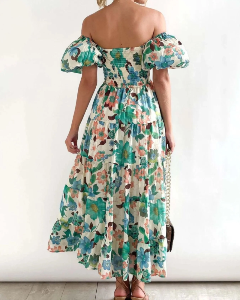 Azéliane Midi-Kleid für Damen – geblümtes Kleid mit schulterfreiem Ausschnitt und Puffärmeln