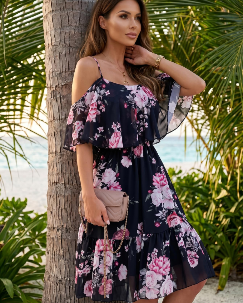 Vestido Mini Fleurie para Mujer Evelyn – Vestido de Verano con Hombros Descubiertos y Volantes