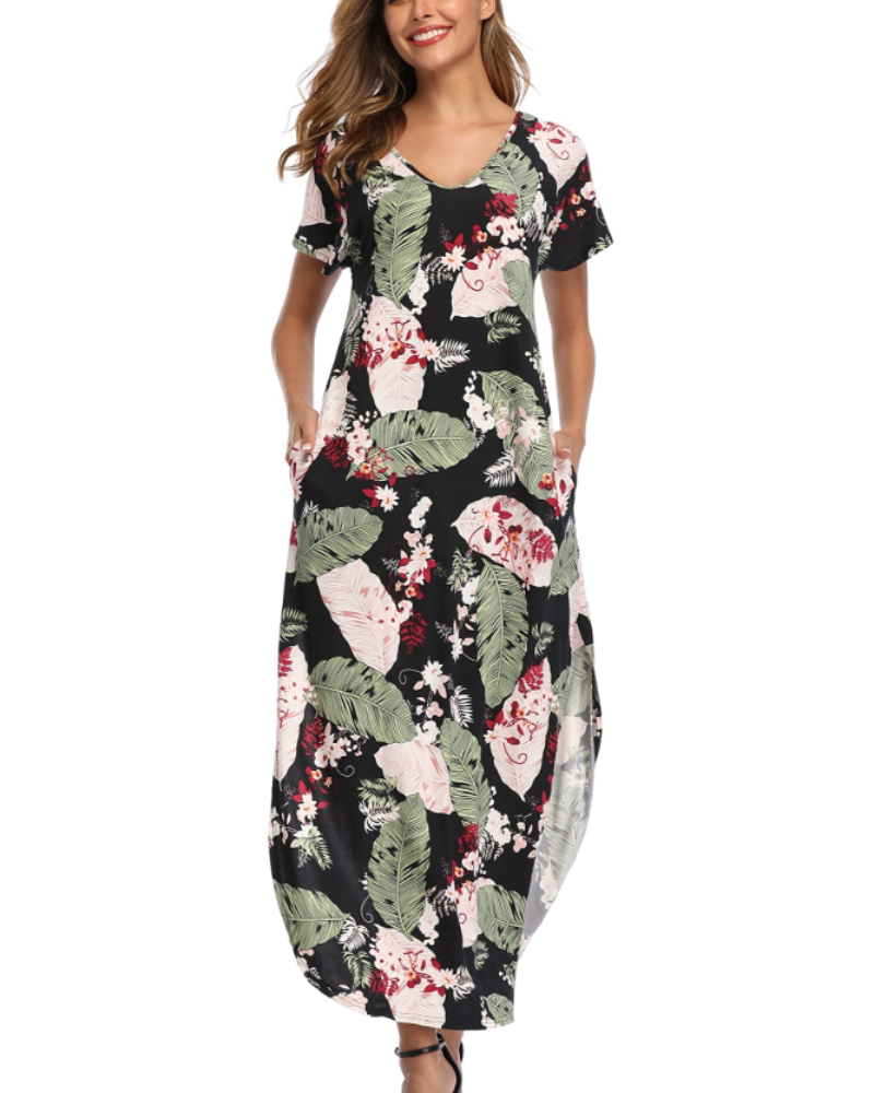 Blair Maxikleid für Damen Sommer – Florales Rundhals-Design mit Schlitz & Taschen
