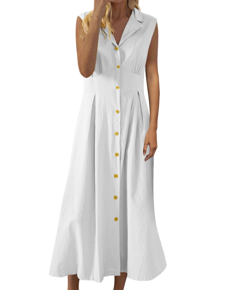 Robe de Verão Feminina Avery – Linho Algodão Sem Mangas com Botões Estilo Boémio