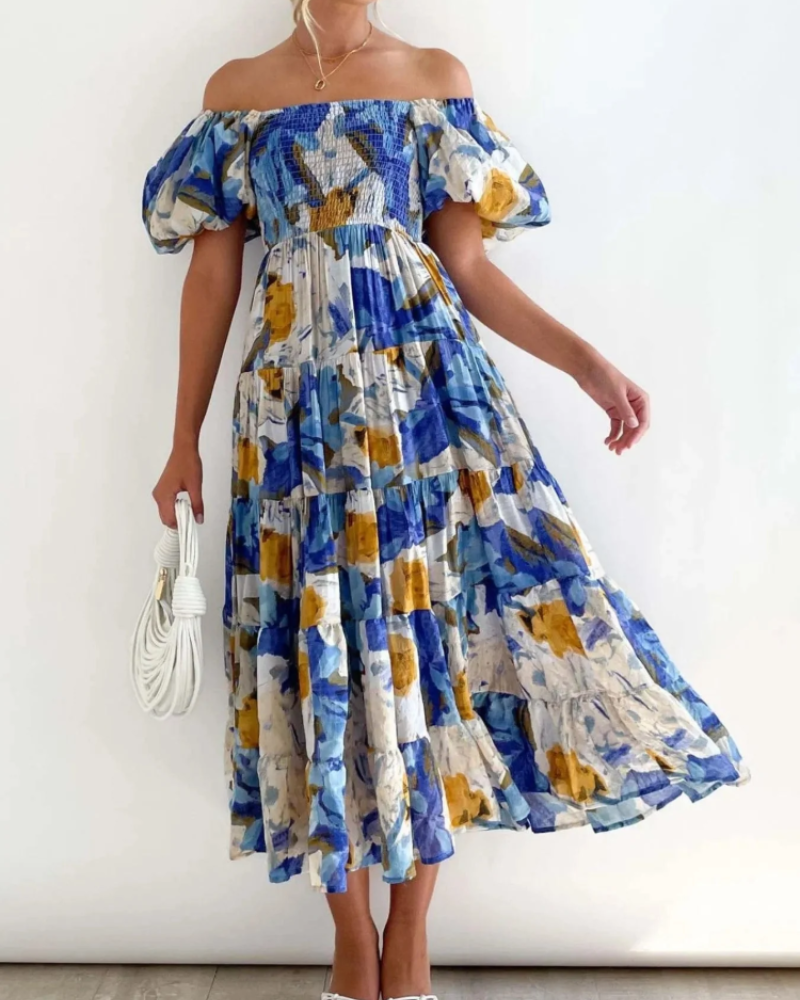 Azéliane Midi-Kleid für Damen – geblümtes Kleid mit schulterfreiem Ausschnitt und Puffärmeln