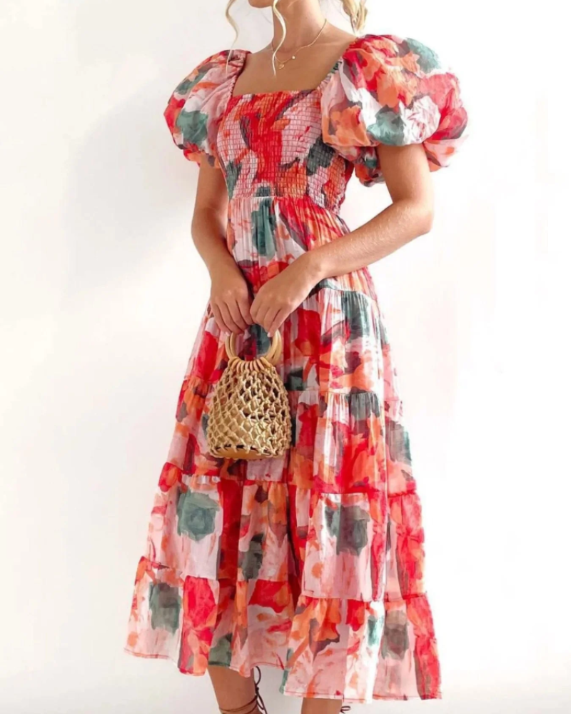 Azéliane Midi-Kleid für Damen – geblümtes Kleid mit schulterfreiem Ausschnitt und Puffärmeln