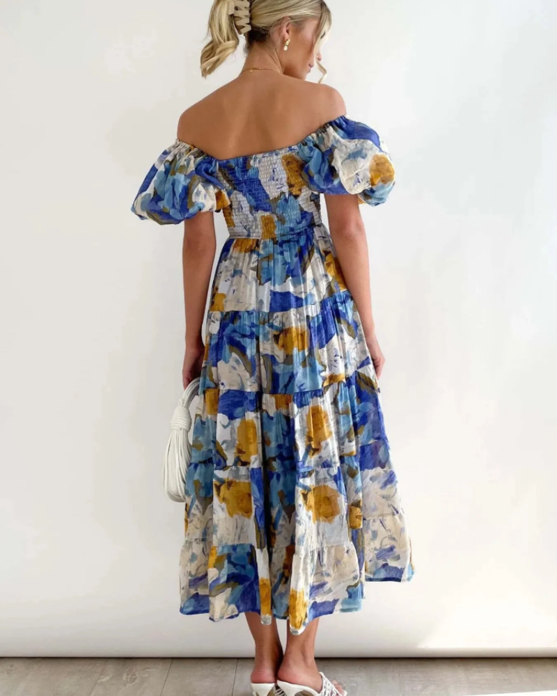 Azéliane Midi-Kleid für Damen – geblümtes Kleid mit schulterfreiem Ausschnitt und Puffärmeln