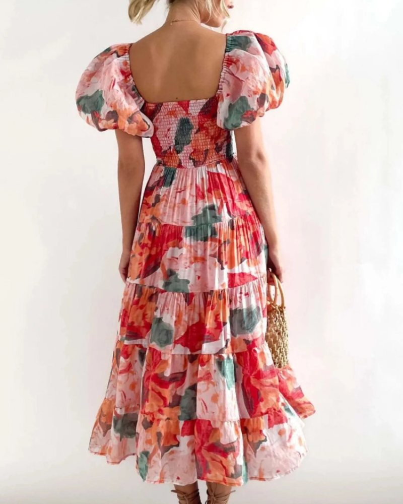 Azéliane Midi-Kleid für Damen – geblümtes Kleid mit schulterfreiem Ausschnitt und Puffärmeln