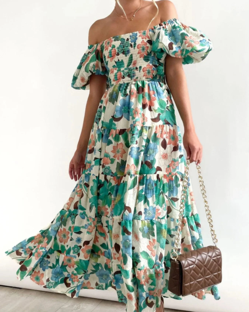 Azéliane Midi-Kleid für Damen – geblümtes Kleid mit schulterfreiem Ausschnitt und Puffärmeln
