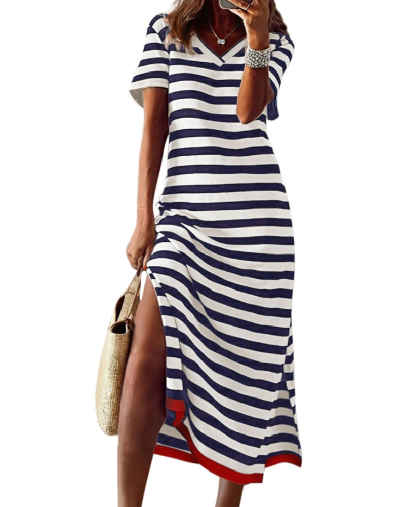 Abito Maxi Autunnale Donna a Righe – Abito Lungo Casual Color Block con Maniche Corte