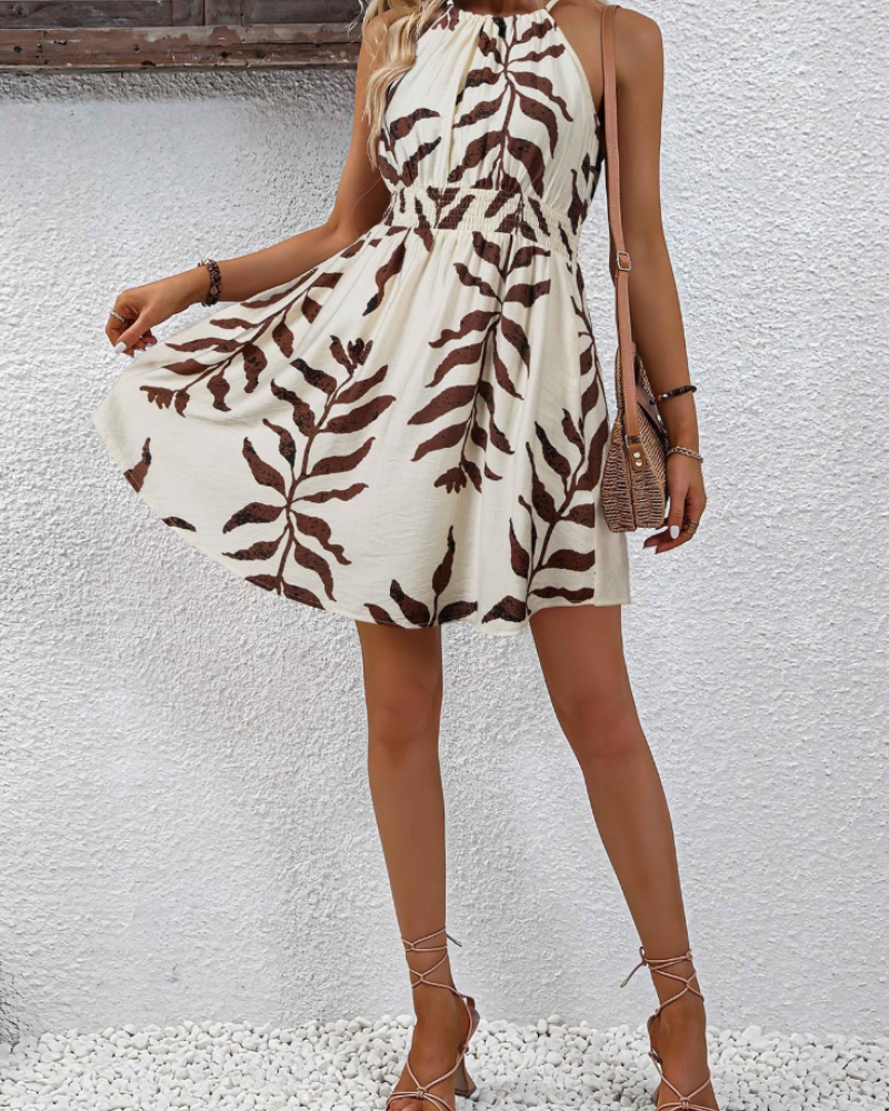Vestido Savannah Robe Fleurie para Mulher – Vestido Curto Evasê com Gola Halter e Bolsos de Verão