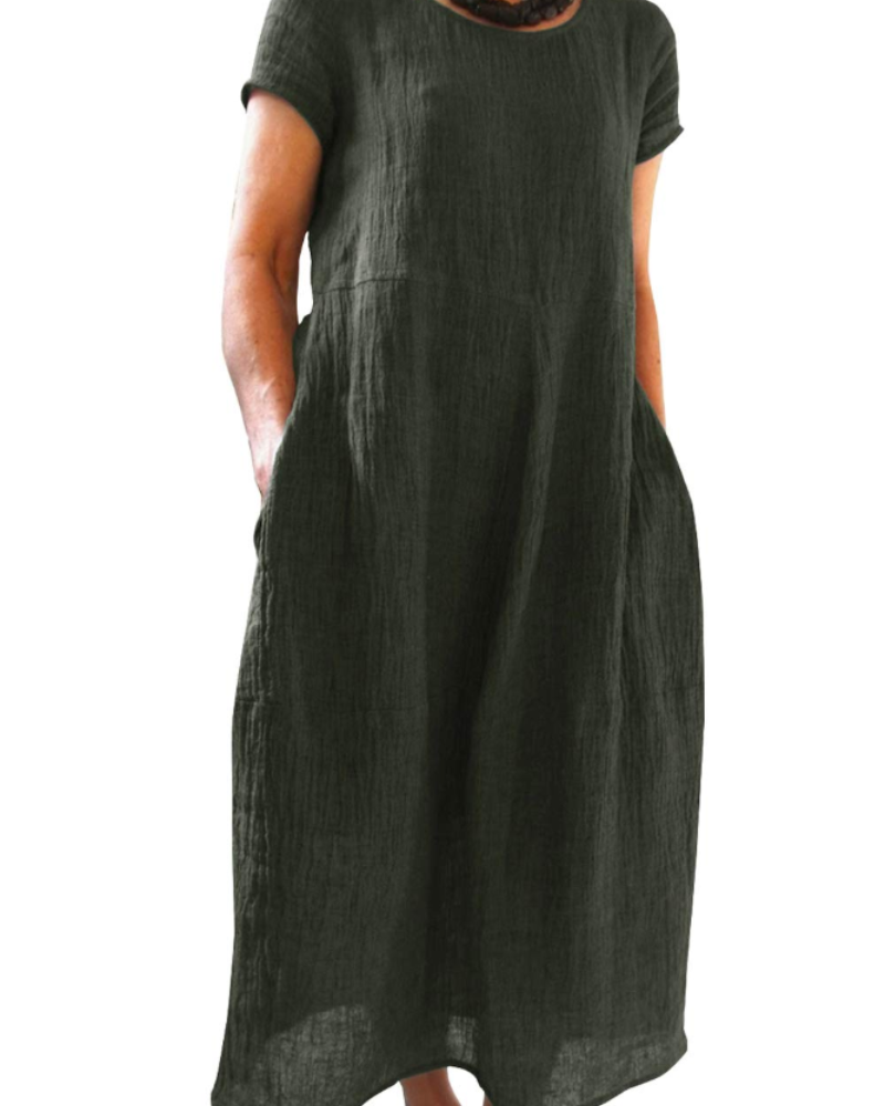 Vestido Maxi Risa Femme – Vestido Bohemio Cuello Redondo Mangas Cortas y Bolsillos