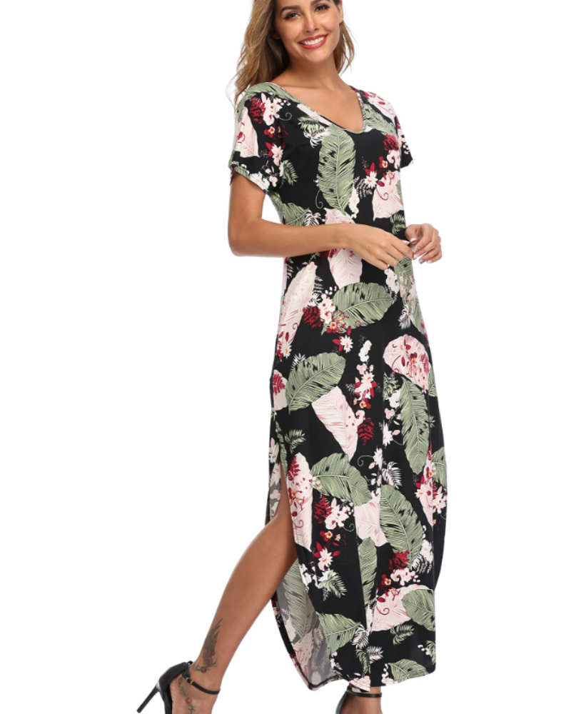 Blair Maxikleid für Damen Sommer – Florales Rundhals-Design mit Schlitz & Taschen