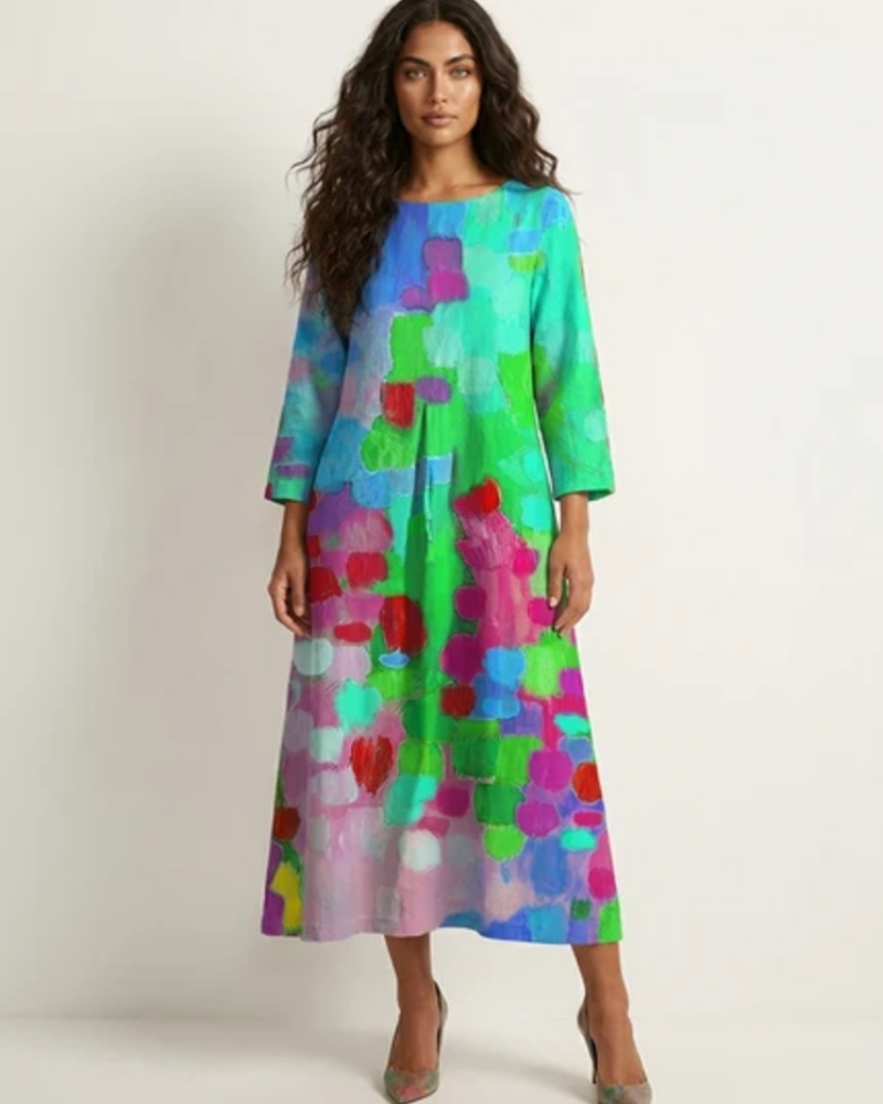 Vestido Maxi Zínia para Mulher – Vestido Longo com Estampa Artística, Corte Fluido, Casual e Elegante