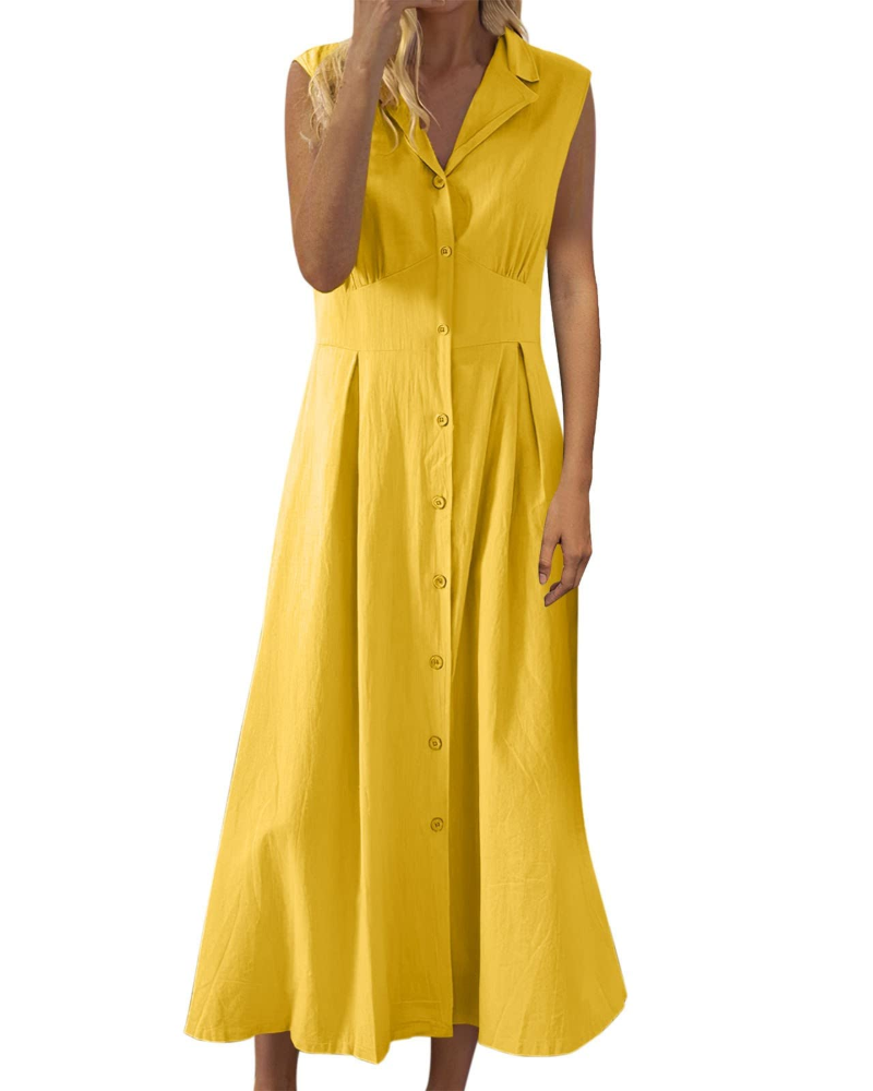 Robe de Verão Feminina Avery – Linho Algodão Sem Mangas com Botões Estilo Boémio