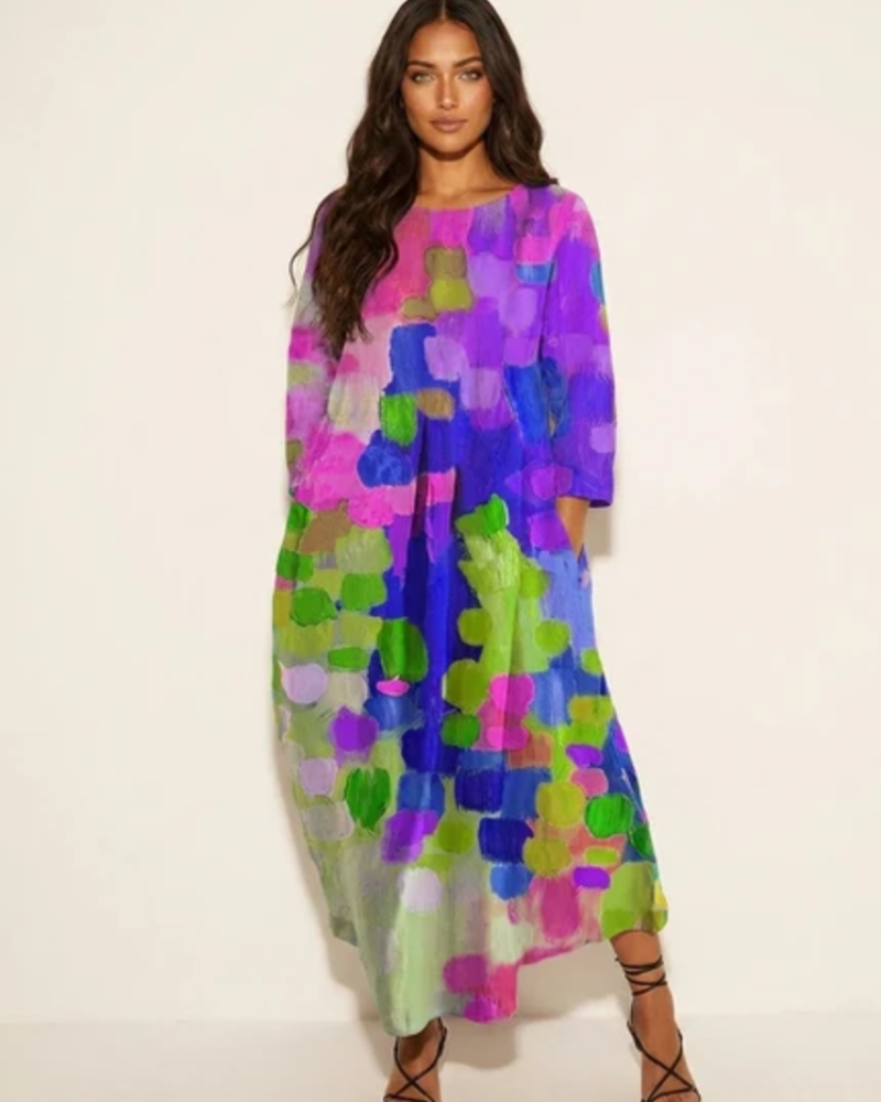 Vestido Maxi Zínia para Mulher – Vestido Longo com Estampa Artística, Corte Fluido, Casual e Elegante