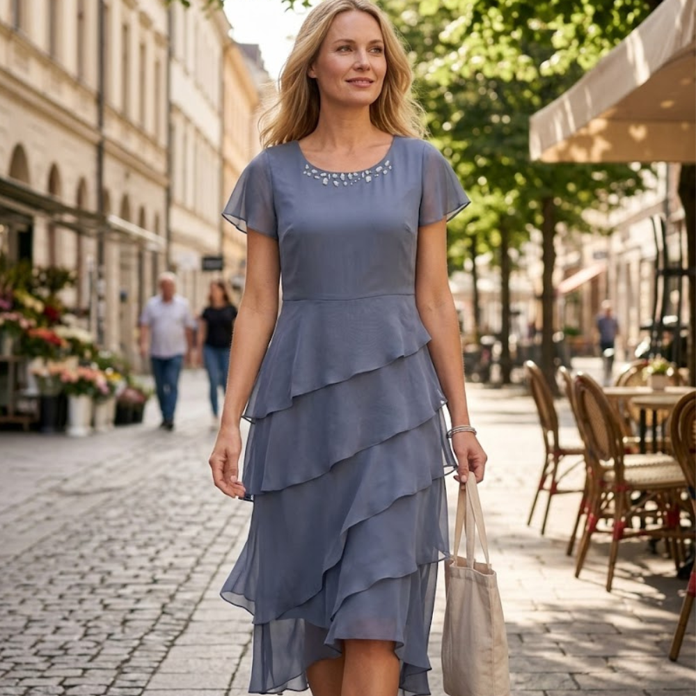 Sophia Robe Femme – Robe Chiffon Fluide Manches Courtes Coupe Élégante Été