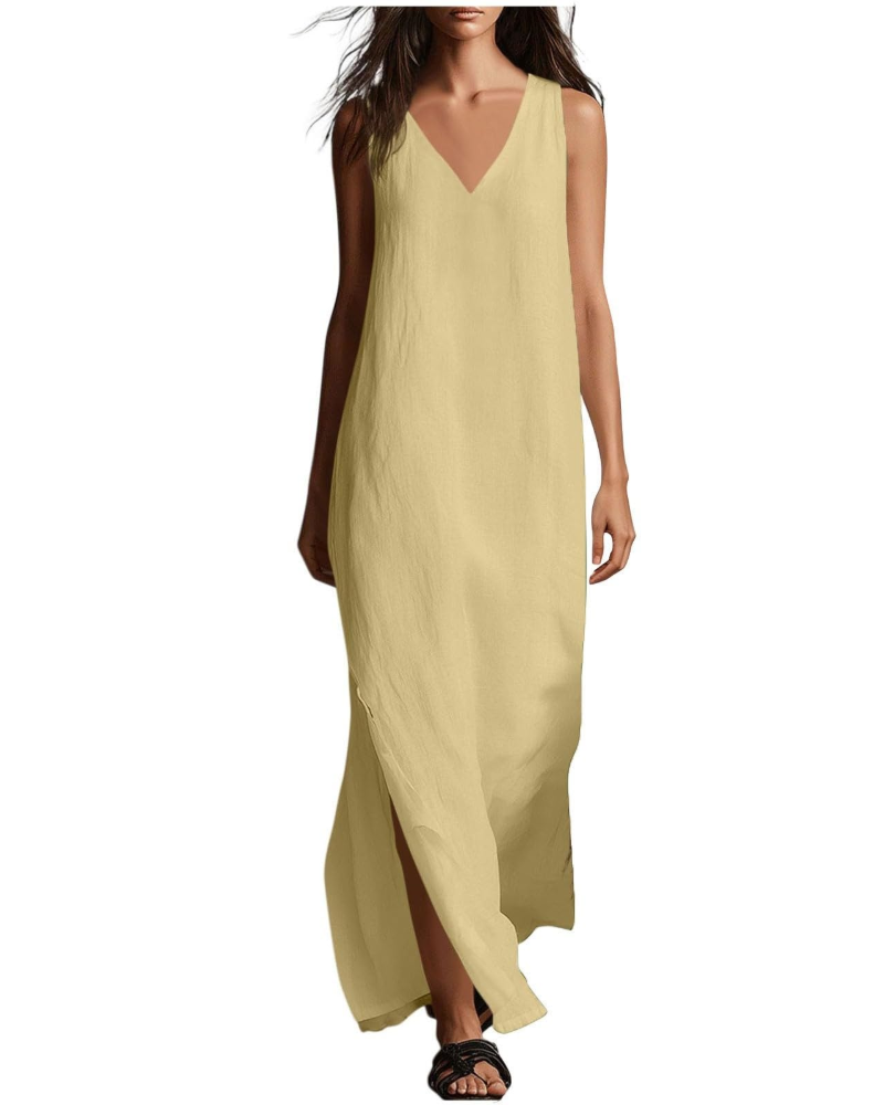 Évarine Damen-Maxikleid – fließendes Kleid mit V-Ausschnitt im Boho-Chic für den Sommer