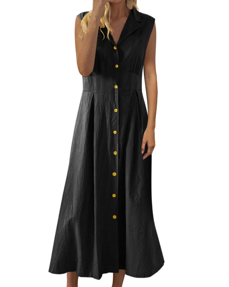 Robe de Verão Feminina Avery – Linho Algodão Sem Mangas com Botões Estilo Boémio