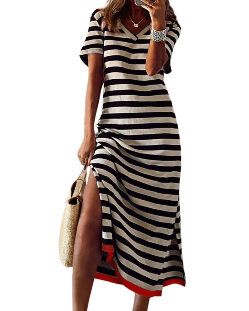 Abito Maxi Autunnale Donna a Righe – Abito Lungo Casual Color Block con Maniche Corte