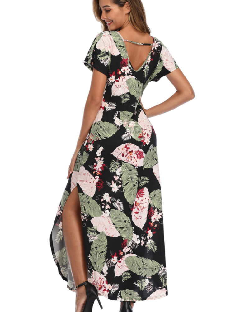 Blair Maxikleid für Damen Sommer – Florales Rundhals-Design mit Schlitz & Taschen