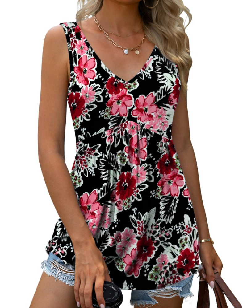 Delaney Damski top w kwiaty – Lekki, zwiewny top na lato z dekoltem w serek bez rękawów