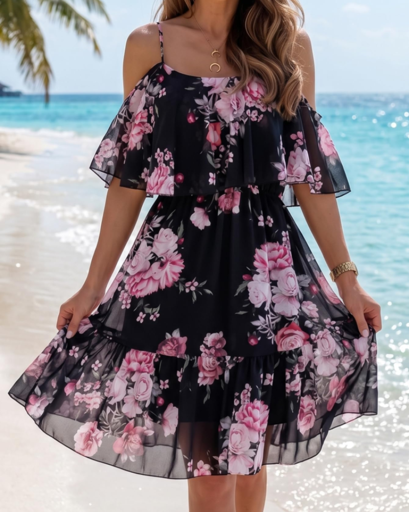 Vestido Mini Fleurie para Mujer Evelyn – Vestido de Verano con Hombros Descubiertos y Volantes