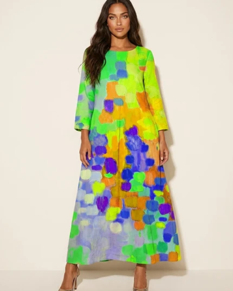 Vestido Maxi Zínia para Mulher – Vestido Longo com Estampa Artística, Corte Fluido, Casual e Elegante