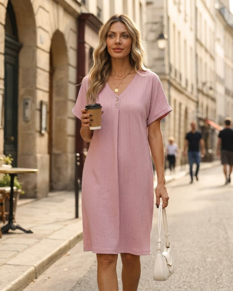 Camille Kurzes Damenkleid – Kleid mit V-Ausschnitt, Knopfleiste, A-Linien-Schnitt, schick für den Sommer
