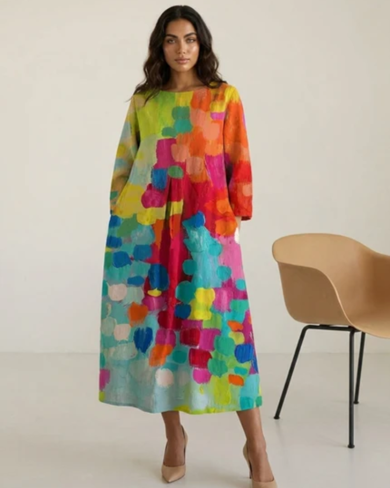 Maxi-Kleid Zinnia für Damen – langes Kleid mit künstlerischem Print, locker geschnitten, lässig und elegant