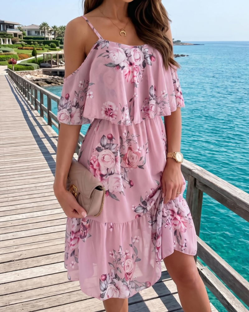 Vestido Mini Fleurie para Mujer Evelyn – Vestido de Verano con Hombros Descubiertos y Volantes