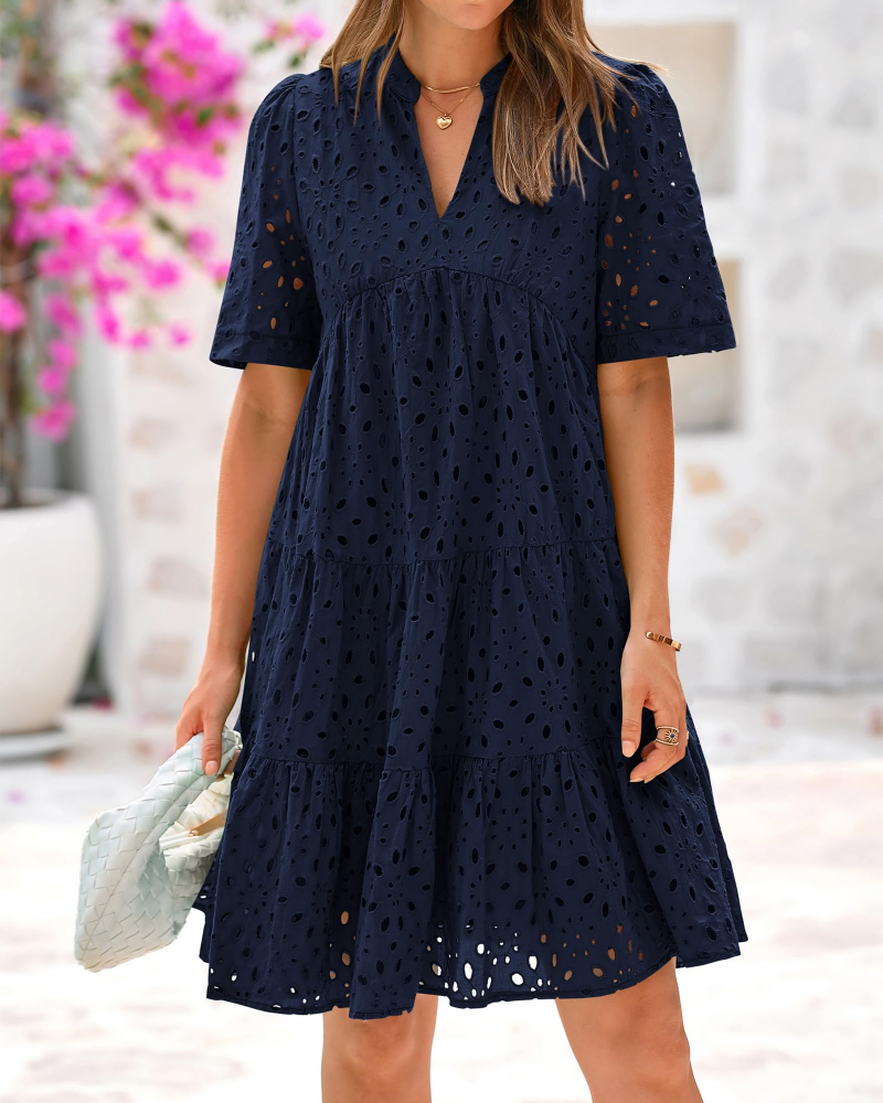 Riley Kleid Bohème Damen – Kurzes Kleid mit V-Ausschnitt, bestickter Spitze und Volants