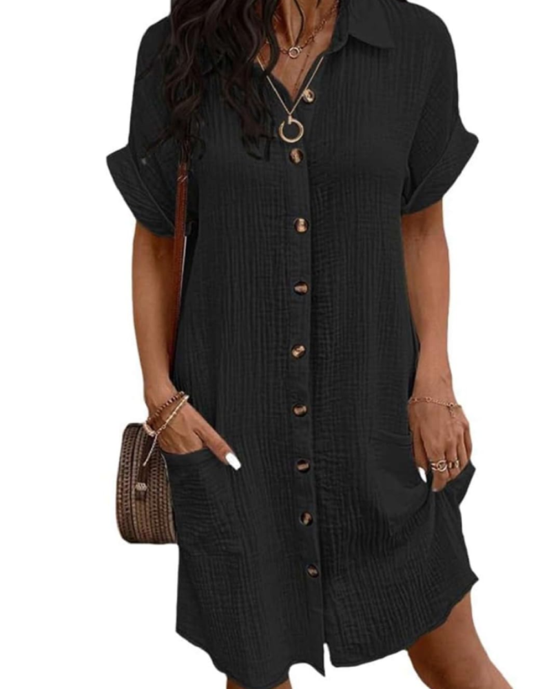 Mirelune Vestido Midi Feminino em Algodão e Linho – Vestido Camiseiro com Decote em V e Bolsos