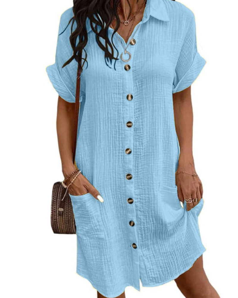 Mirelune Vestido Midi Feminino em Algodão e Linho – Vestido Camiseiro com Decote em V e Bolsos