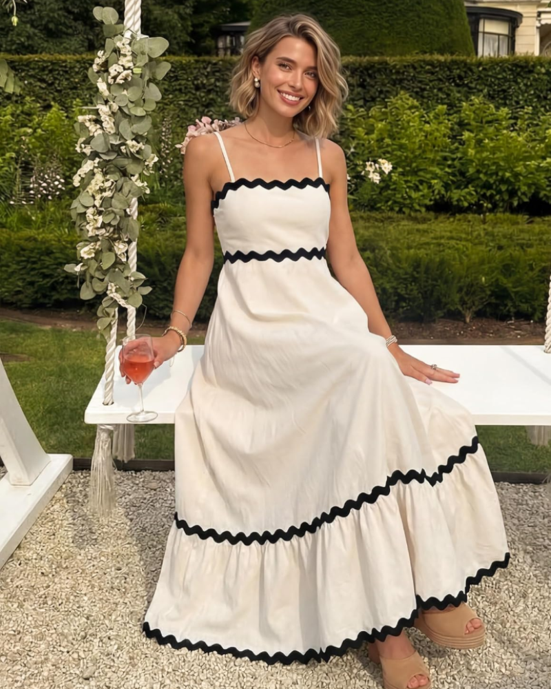 Vestito Midi da Donna Ella – Vestito con Schiena Scoperta, Spalline Sottili, Scollo Arricciato, Fluido, Estivo ed Elegante