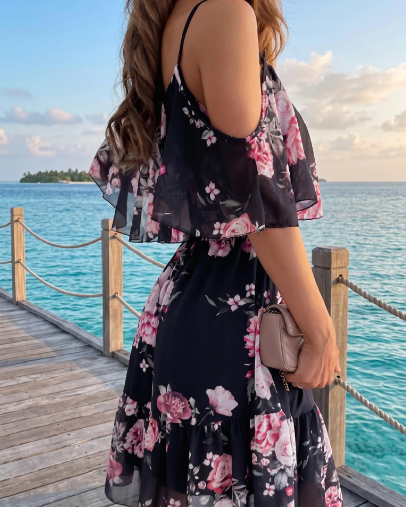 Vestido Mini Fleurie para Mujer Evelyn – Vestido de Verano con Hombros Descubiertos y Volantes