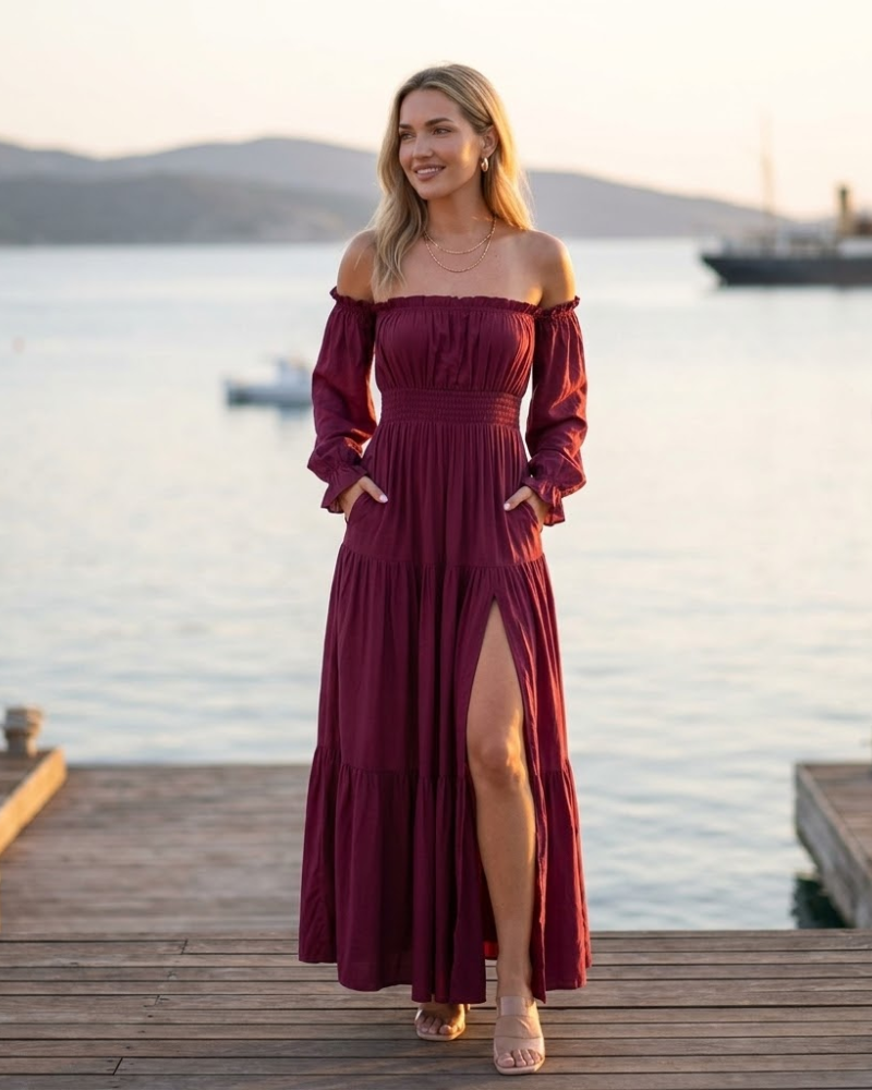Sophie Maxikleid Damen – Boho-Kleid mit schulterfreiem Schnitt, Schlitz und geraffter Taille