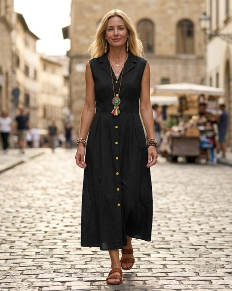 Robe de Verão Feminina Avery – Linho Algodão Sem Mangas com Botões Estilo Boémio