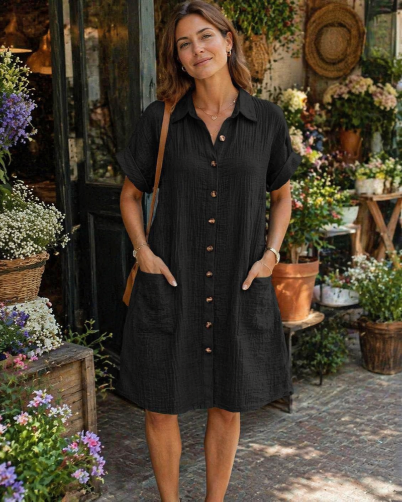 Yvette Damen Kleid – Hemdblusenkleid mit V-Ausschnitt, Knöpfen und Taschen, Fließender Schnitt, Boho Chic