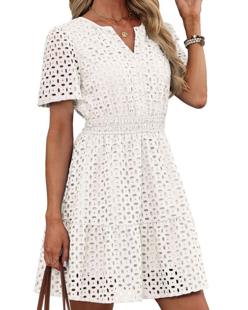 Robe Hedwig Mulher – Decote em V com Renda Bordada, Mangas Curtas e Corte Mini Cintura Alta Verão