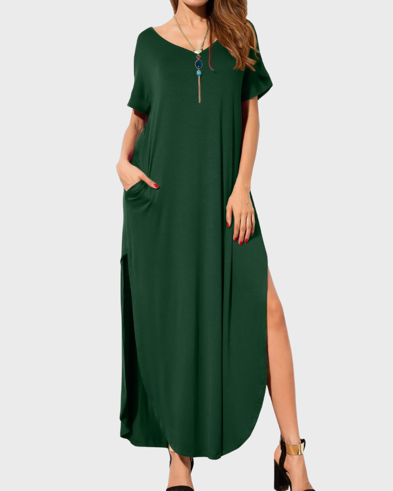 Vestido Maxi Rosenda Feminino – Decote em V, Mangas Curtas, Corte Fluido e Fenda com Bolsos Verão