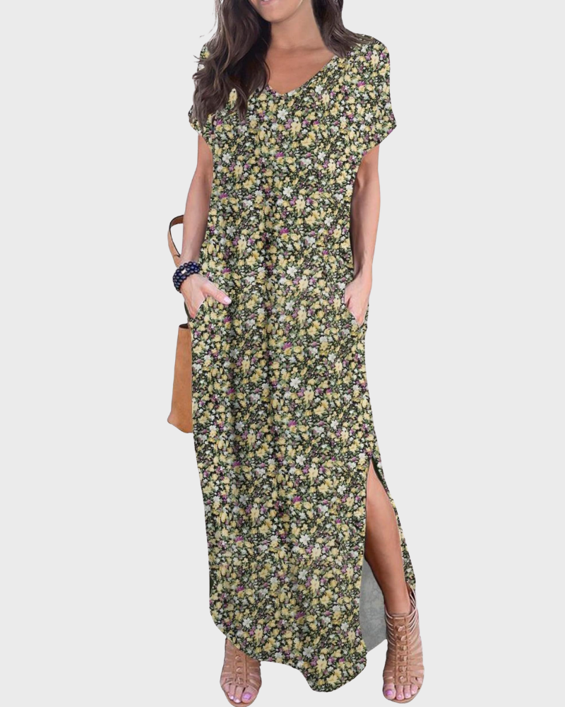 Vestido Maxi Rosenda Feminino – Decote em V, Mangas Curtas, Corte Fluido e Fenda com Bolsos Verão