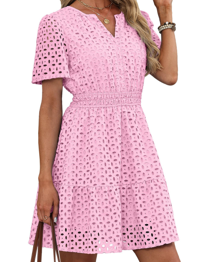 Robe Hedwig Mulher – Decote em V com Renda Bordada, Mangas Curtas e Corte Mini Cintura Alta Verão