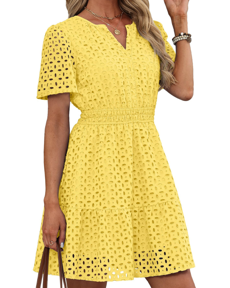 Robe Hedwig Mulher – Decote em V com Renda Bordada, Mangas Curtas e Corte Mini Cintura Alta Verão