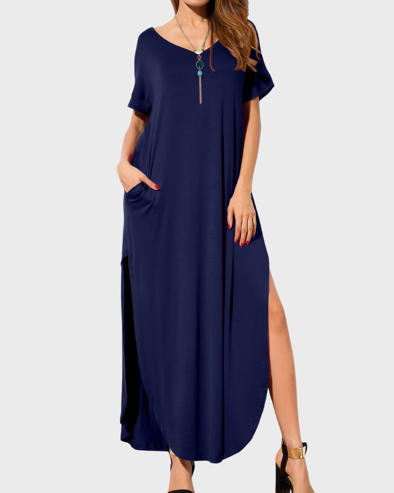 Vestido Maxi Rosenda Feminino – Decote em V, Mangas Curtas, Corte Fluido e Fenda com Bolsos Verão